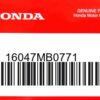 HONDA MOTOR EUROPE LTD.SLOUGH - 16047MB0771 KRAFTSTOFF ANSCHL.SATZ